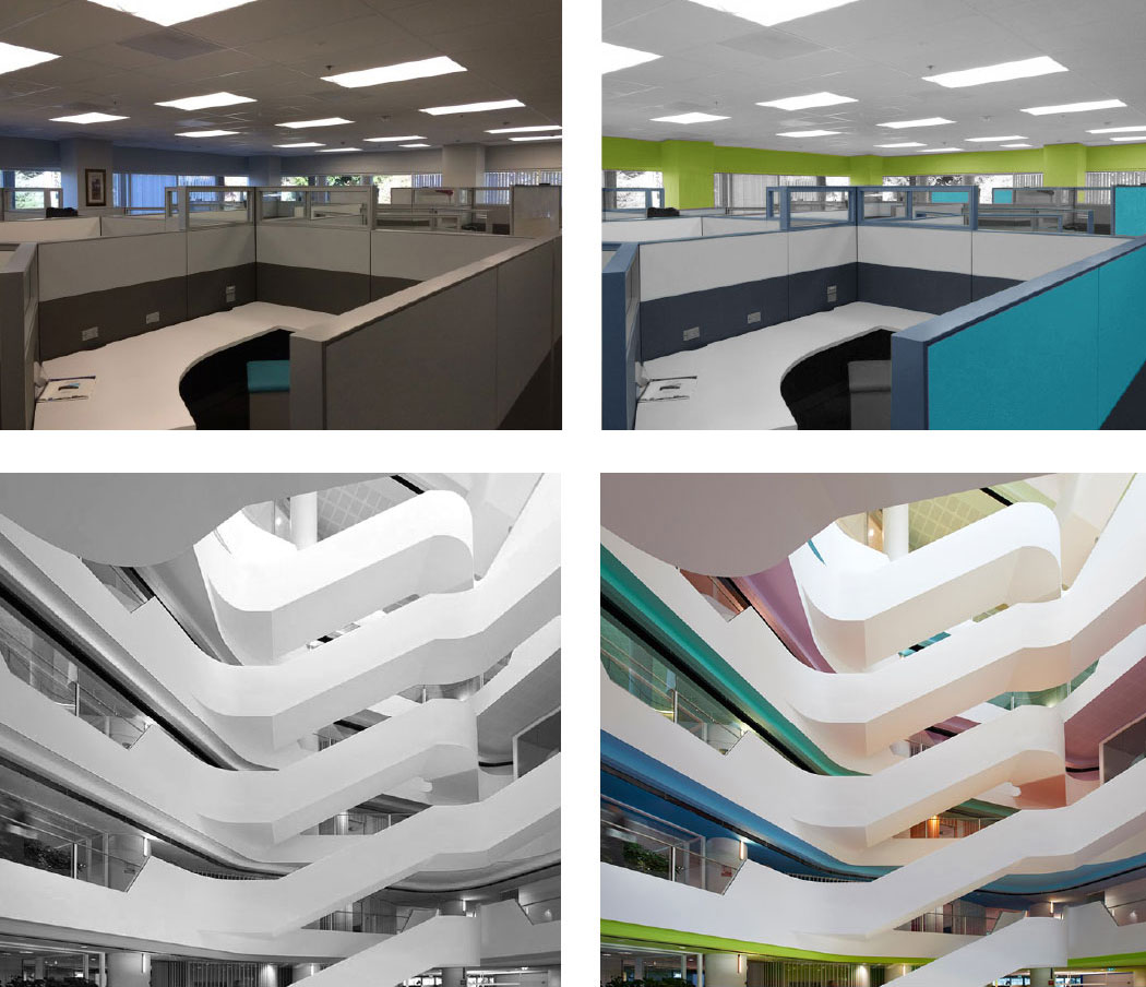 Top: IDC Patent - MPLS, after / Scuffmaster Paint + Design | Bottom: Medibank Building - Melbourne, Chris Connell Design, Kerry Phelan Design Office, Russell and George and HASSELL Architects (Photography Earl Carter)
